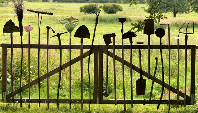 Depicts old garden tools