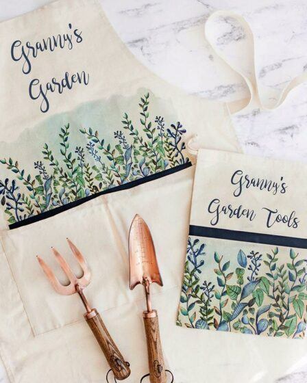 Cool Handmade Gifts For Gardeners. Apron and garden tools in a canvas bag